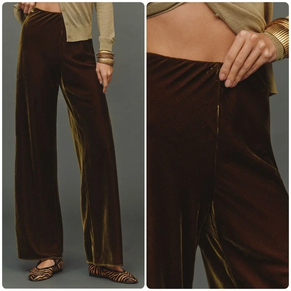 Anthropologie Velvet Pants Womens XL Moss Green Wide Leg Crushed Pull On Tilda - Picture 2 of 11